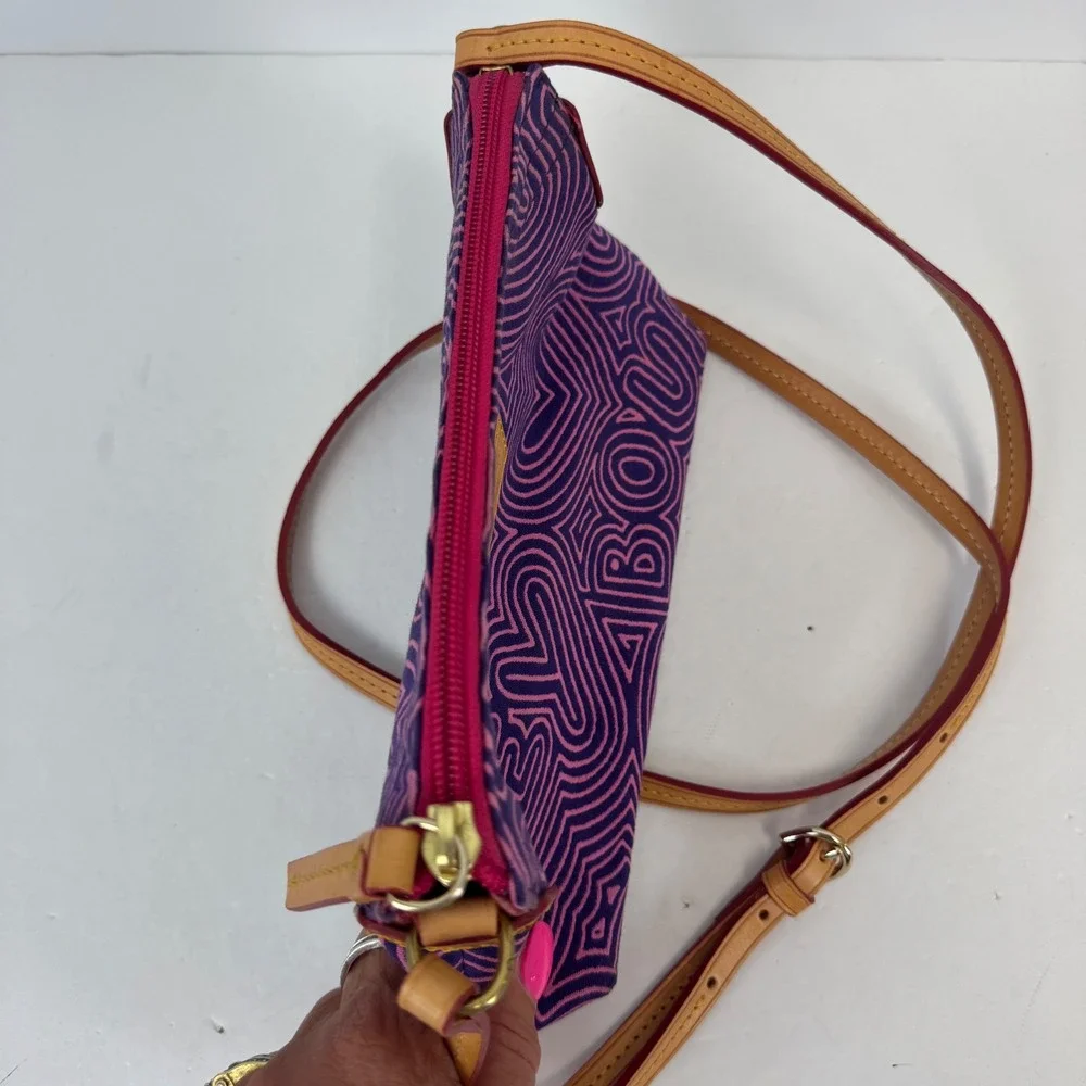 Dooney & Bourke Purple Pink Heart Doodle Canvas Crossbody Bag Leather Trim